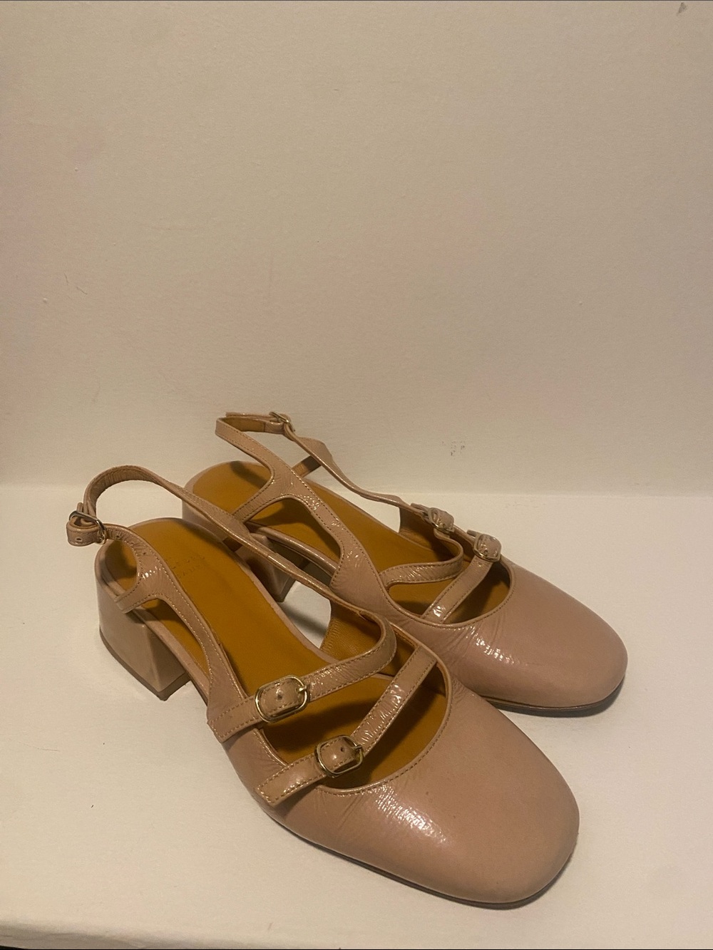 Sezane Nude Patent Leather Double-Strap Block Heel Slingbacks